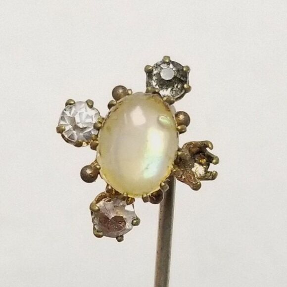 Vintage Rhinestone Stick PIn Brooch, Missing Stone, Oval Cabocohon Center Estate - Picture 1 of 6